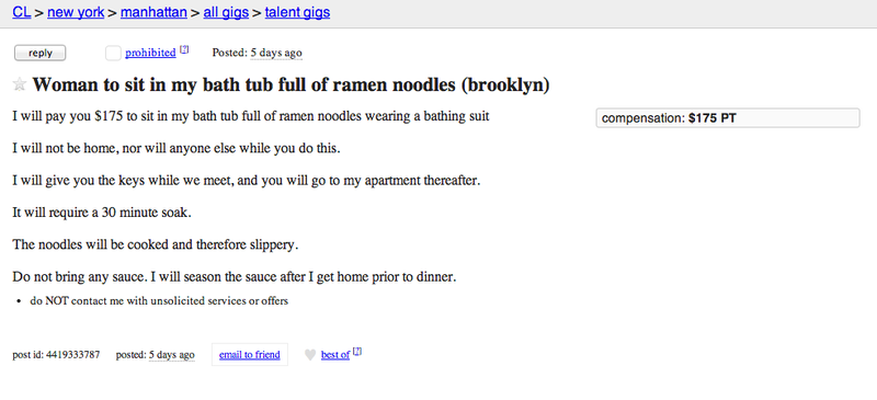 Illustration for article titled Craigslist Ad Offers You $175 to Bathe in Ramen Noodles